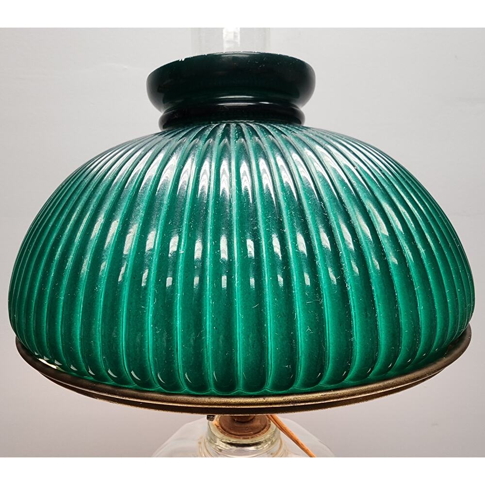 Vintage Electric Oil Lamp w/ Green Ribbed Glass Shade & Brass Burner –20.5" Tall - Picture 9 of 15